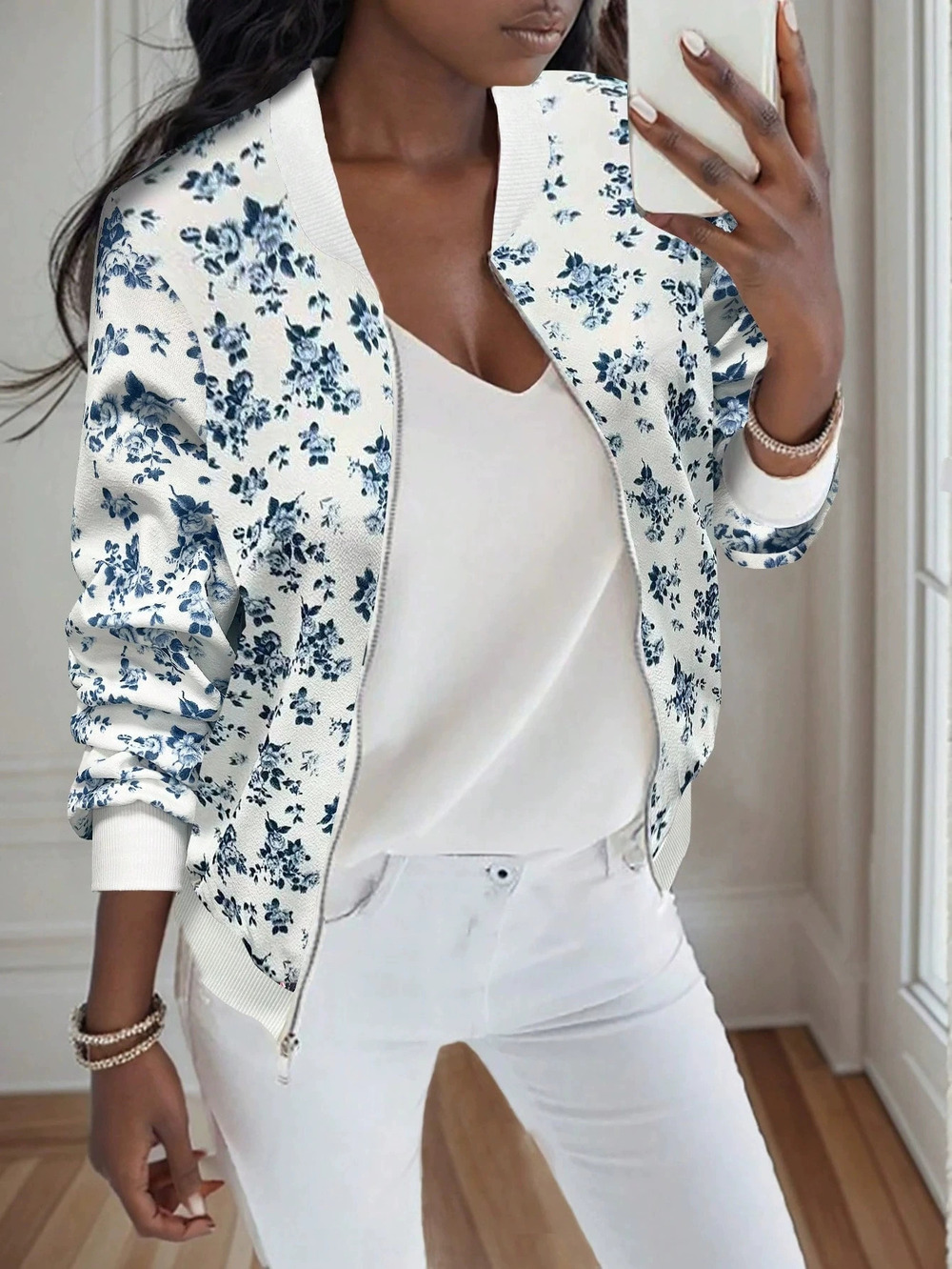 Zara Classy Fall Baseball Collar Printed Zip Jacket Casual Commuter
